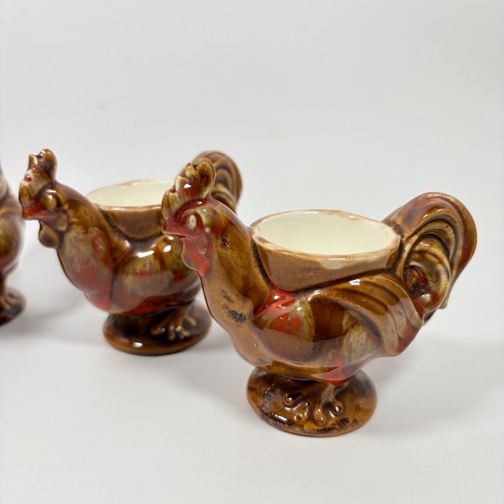 Vintage Ceramic Rooster Egg Cups Set of 4 Brown Drip Glaze Farmhouse Decor